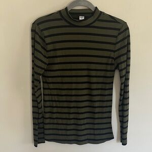 Striped Long-Sleeve Mock Neck Shirt - Olive & Black